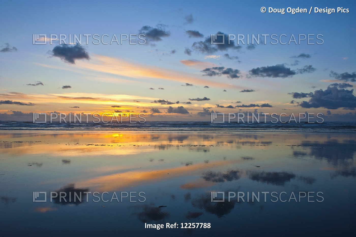 Sunset Reflecting In The Pacific Ocean Along Ocean Shores, Washington, USA