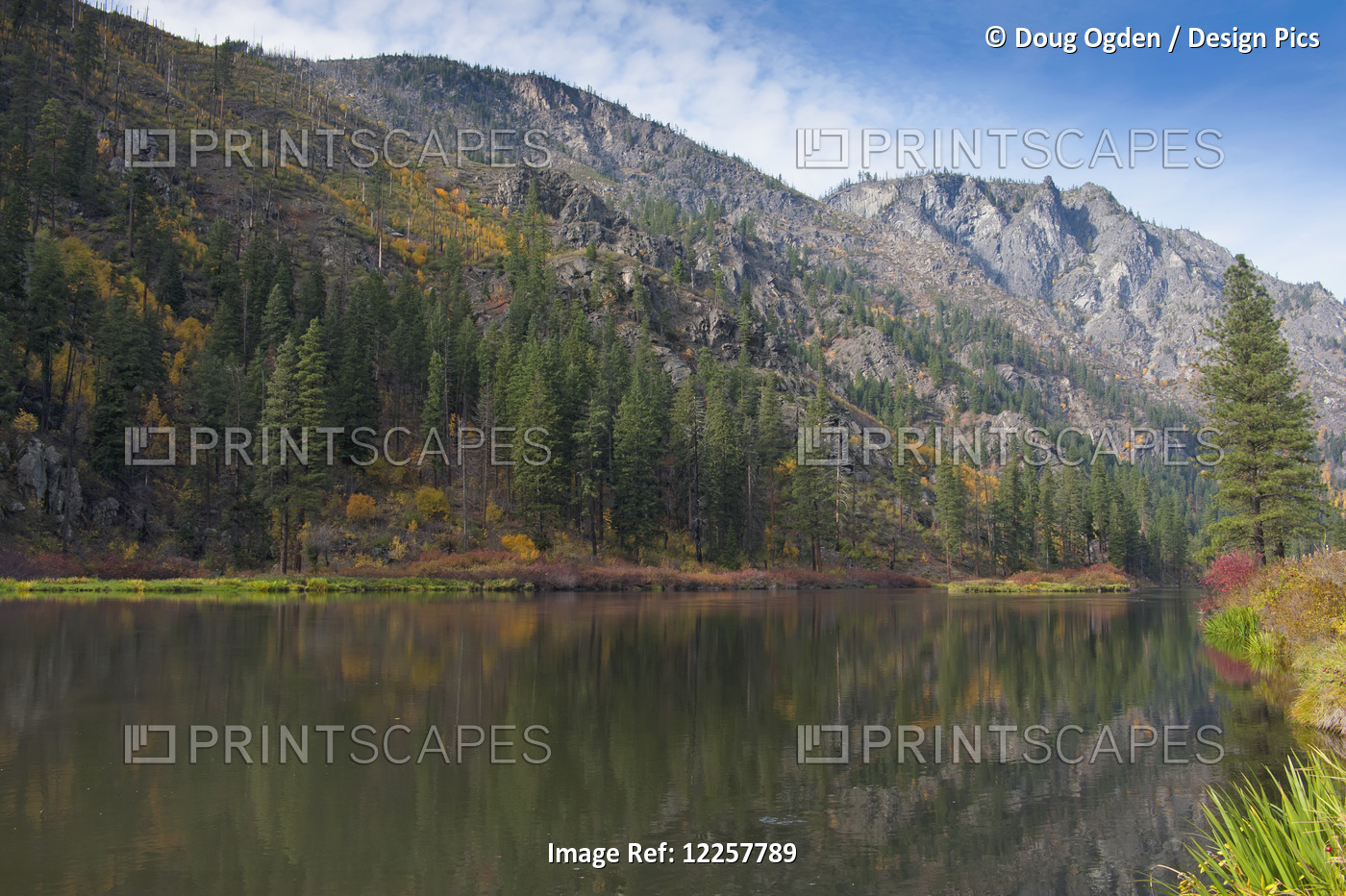 Fall Colors And North Cascade Mountains, Reflecting In Skinny Creek Along ...