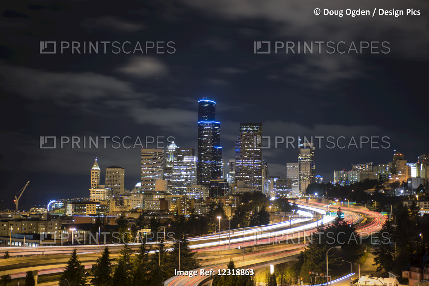 Night Image Of Seattle Cityscape And I-5 On A Cloudy Night; Seattle, ...