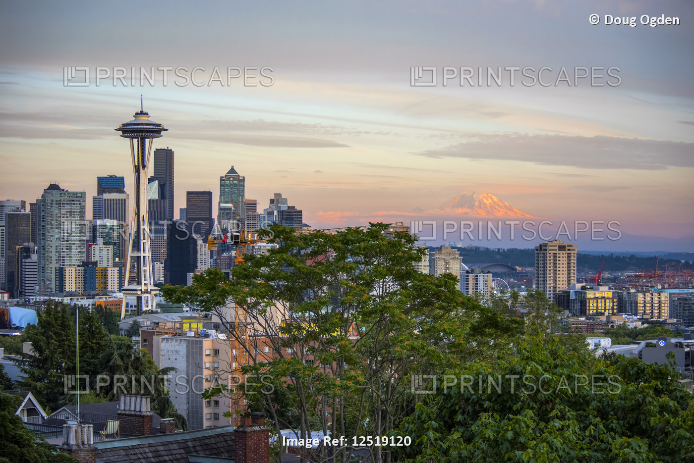 Seattle and Mount Rainier in late Summer Alpenglow; Seattle, Washington, United ...