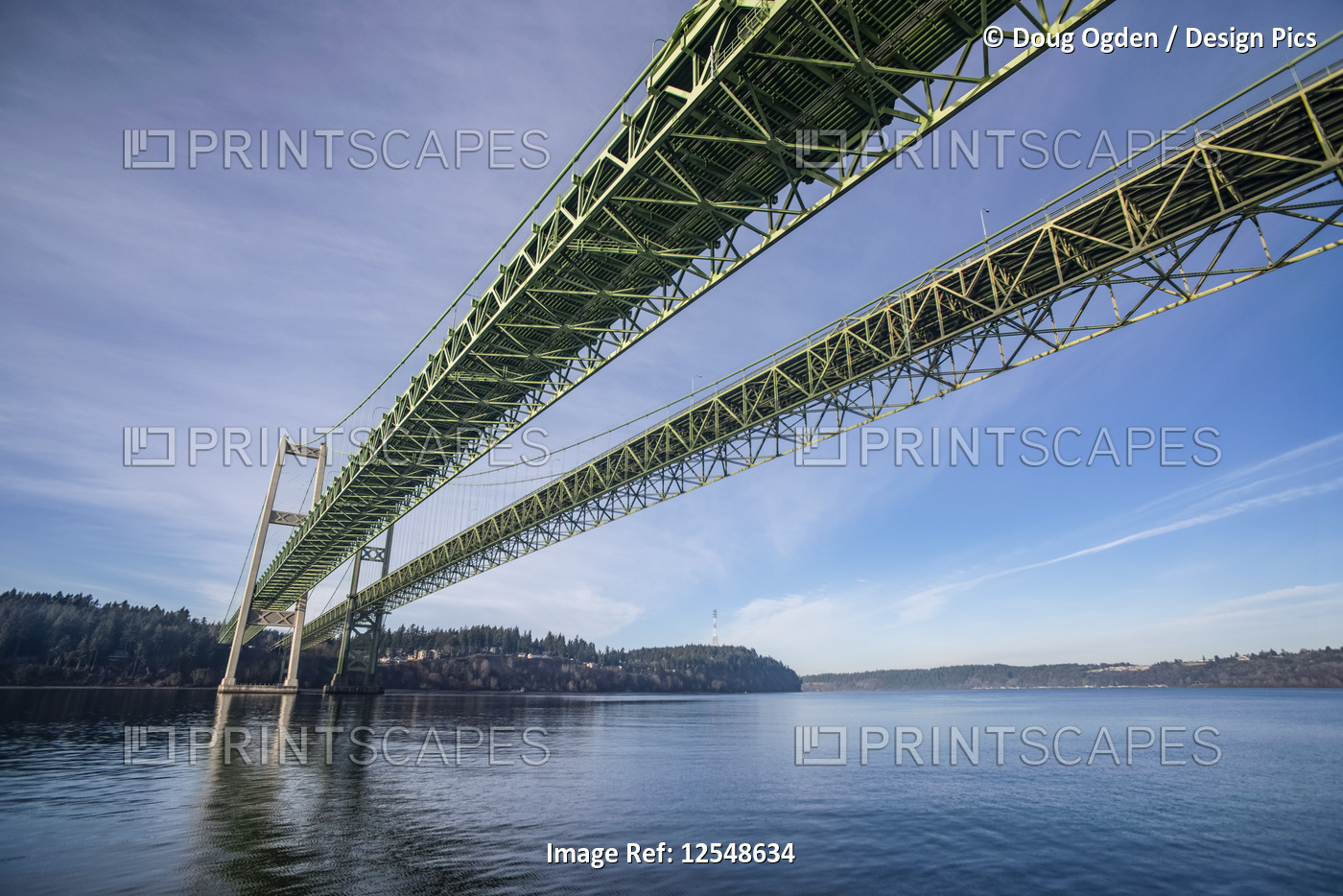 The Tacoma Narrows Bridges from the water surface, looking Northwest toward ...