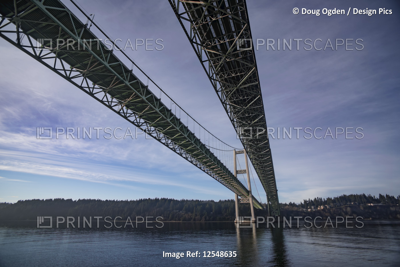 The Tacoma Narrows Bridges from the water surface, looking West toward Point ...