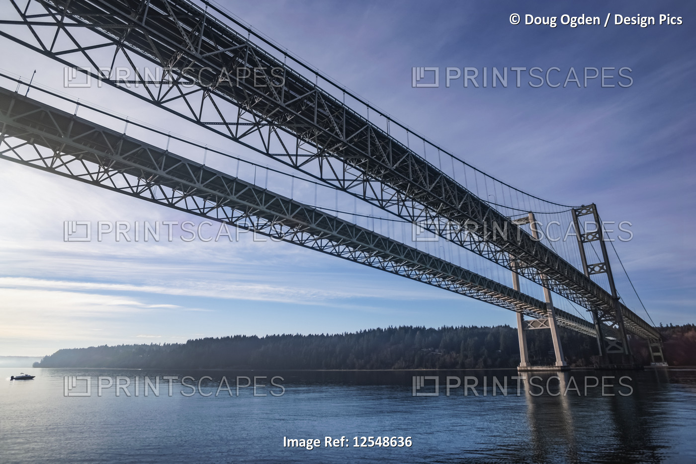 The Tacoma Narrows Bridges from the water surface, looking West toward Point ...