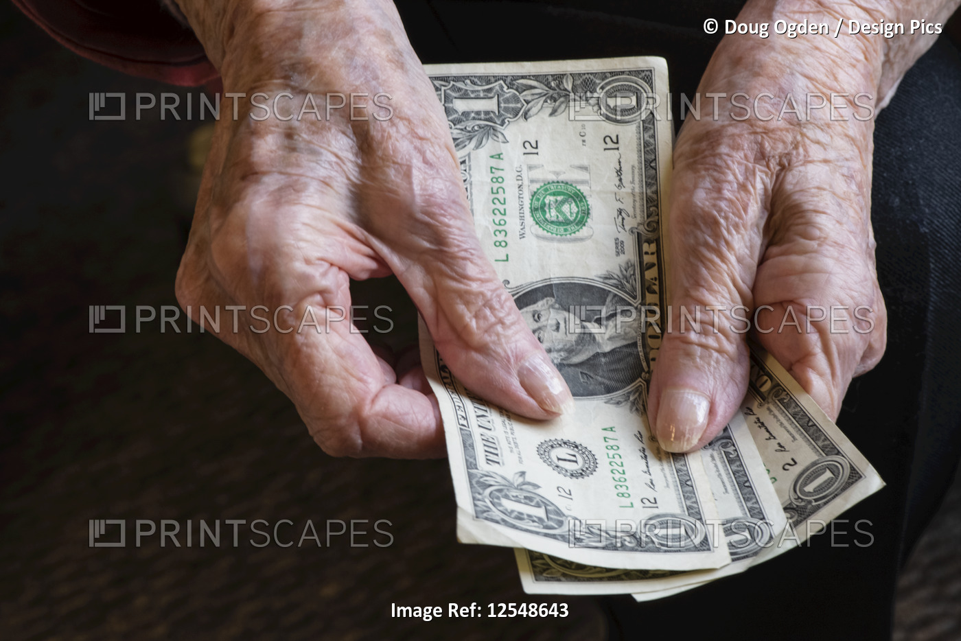 Senior woman's hands counting out a few dollars; Olympia, Washington, United ...