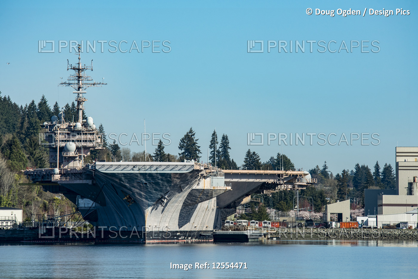Looking straight on the bow of the USS Nimitz Air Craft Carrier moored in the ...