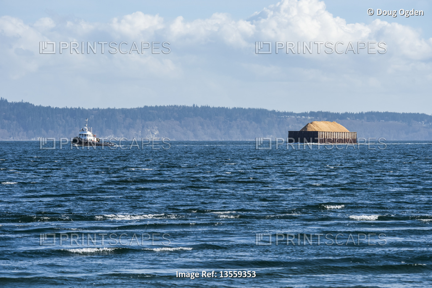 Barge and tugboat viewed from Marrowstone Island; Washington, United States of ...