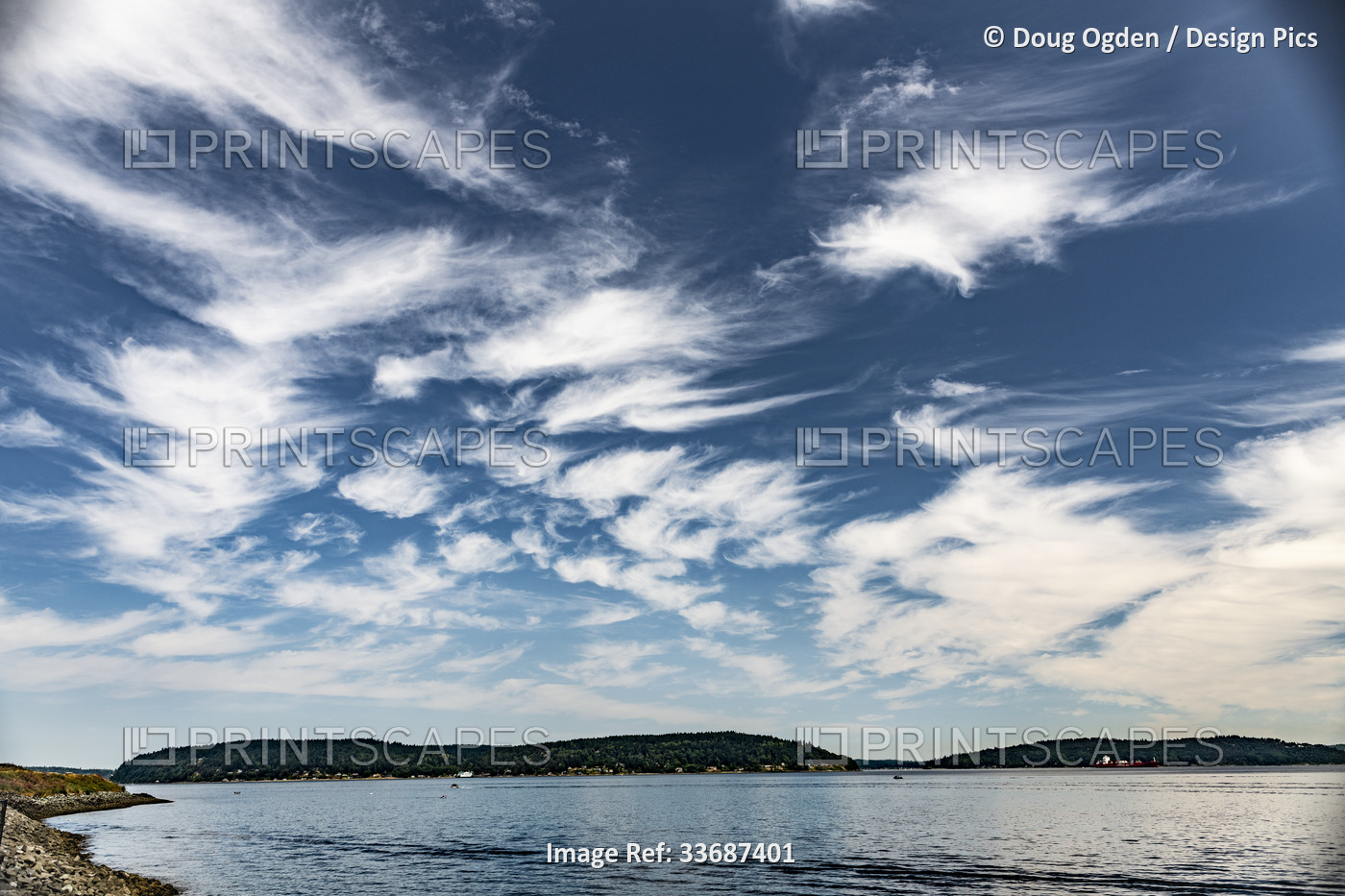 Cirrus Coulds above and Vashon Island below across Commencement Bay, Puget ...