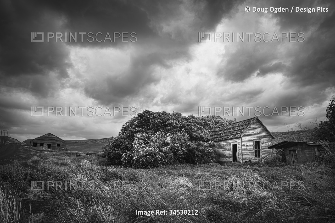 Black and white image of a spooky old abandoned house under threatening weather ...
