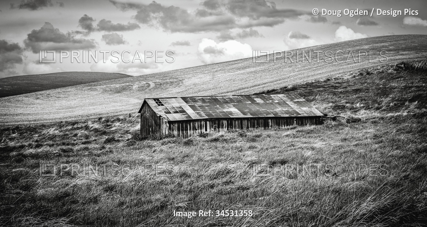 Black and white image of a spooky old abandoned barn under threatening weather ...