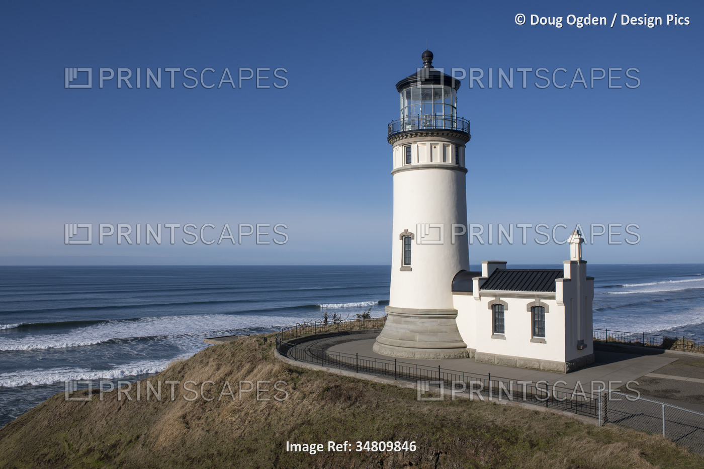 North Head Lighthouse at Cape Disappointment State Park with the Pacific Ocean ...